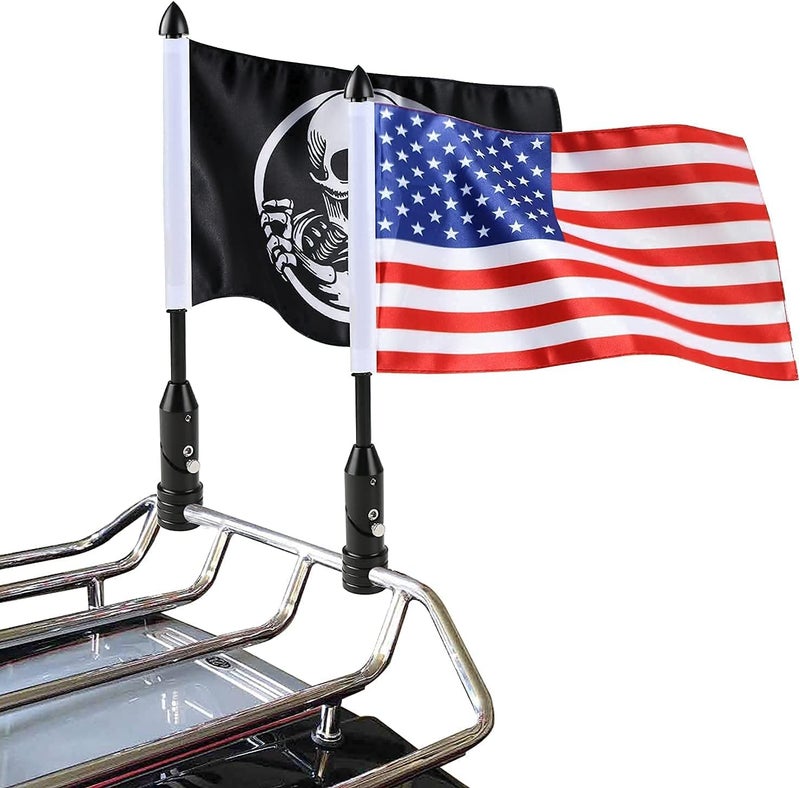 AOCHUAN 2 Pcs Motorcycle Flagpole Mount Foldable 90° with American Flag and Punk Skull Flag 6x9 Flag Holder Fit for 1/2'' Motorcycle Luggage Rack Harley Davidson Road King Touring Spring Honda Goldwing etc. - Image 1
